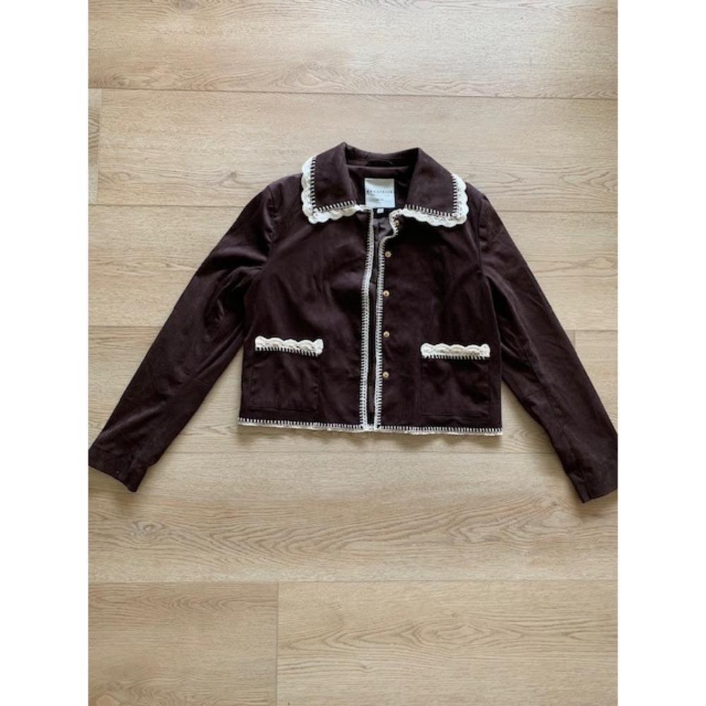 Bagatelle Collection Brown Faux Suede Crochet Trim Jacket 85110 Womens Small